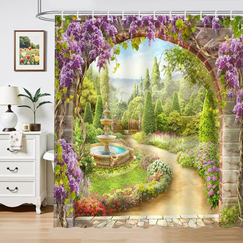 Avezano Garden Shower Curtain Outdoor Flower Plant Landscape Bathroom Shower Curtain Garden Scene Waterproof Fabric Shower Curtains Bathtub Decor with 12 Hooks 72 X 72 Inch