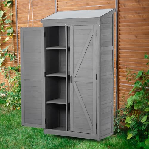 KEIKI 68'' Outdoor Wooden Storage Shed with Waterproof Roof, Removable Shelves, Outside Tool Cabinet for Patio, Garden, Backyard, Lawn, Gray