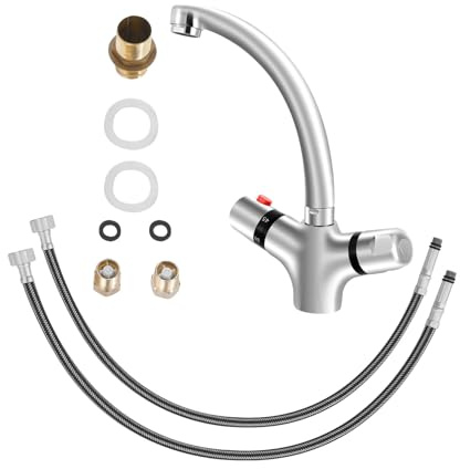 Rubinetto da cucina a due maniglie ad alta pressione in ottone cromato – beccuccio girevole a 360°, risparmio acqua, controllo della temperatura (20-50°C) per cucina e lavello