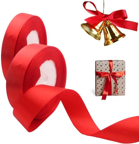 WUFKOP 2 Rollos de Cinta de Raso Rojo, Set de Cintas para Regalos y Decoración (0.6 cm + 1.5 cm) x 22 m, para Navidad, Bodas y Manualidades