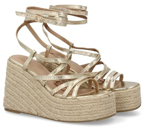 99875 Sandalias de cuna alta estilo romano con plataforma de yute trenzado. Cierre de cuerdas. Diseno de tiras finas envuelve el pie y se ajusta al tobillo. Ideal primavera verano. Oro Talla 40
