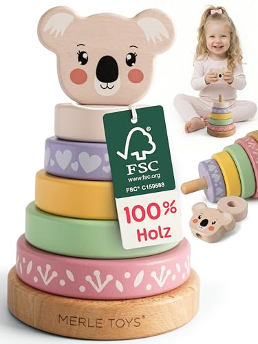 Merle Toys Torre apilable a partir de 1 año, juguete de madera 100% certificado FSC, torre apilable de madera, juego apilable Montessori a partir de 1 año, sin BPA, torre de inserción, juguete para