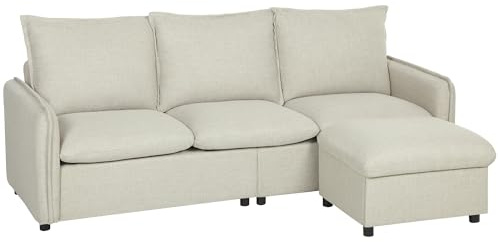 HOMCOM Sofá Esquinero 3 Plazas con Otomano de Almacenamiento 212 cm Crema | Modular, diseño moderno, asiento acolchado, cojines de muelles, tela de lino, para sala de estar, dormitorio, oficina