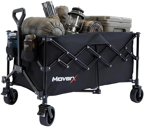 MoverX 220L Festival Trolley on Wheels, Folding Wagon, Portable Camping Cart, Collapsible Foldable Trolly for Beach Outdoor Garden Picnic Shopping Fishing, Wide Wheels, Adjustable Handle, Black