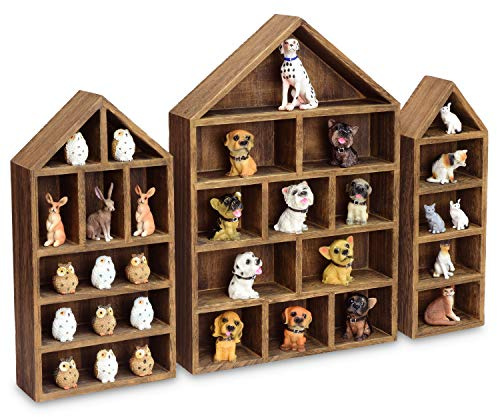 Ikee Design House-Shaped Wooden Shadow Cubby Box Display Shelf Organizer Storage Shadow Box for Mini Figures, Set of 3, Brown Color, 10 W x 2 1/4 D x 15 H in