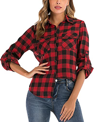 Enjoyoself Chemisier à Carreaux Femme Chemise Décontractée Femme Classique Retro Coton Gilet Femme Blouse Carreaux T Shirt Casual Vintage - Rouge - M