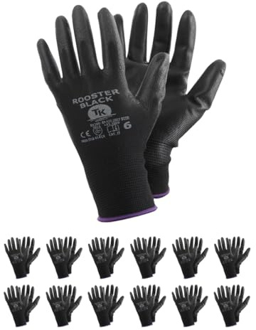 TK Gloves ROOSTER BLACK/Guanti protettivi in poliestere, rivestiti in poliuretano/taglia 06, 12 paia/nero/montaggio/guanti da lavoro