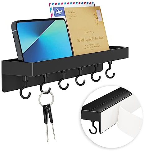 niffgaff Schlüsselbrett Schwarz, Schlüsselbrett mit Ablage und 6 Haken, Schlüsselboard Ohne Bohren Wandmontage für Schlüssel Aufbewahrung an Eingang, Hängen Küchenbesteck
