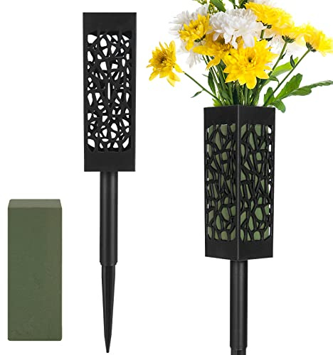 Fetanten Cemetery Vases for Grave, 15.3 Inch Tall Cemetery Vase with Spikes Foam Drainage Holes, Grave Flower Holder for Outdoor Memorial Cemetery Decoration (2 PCS)