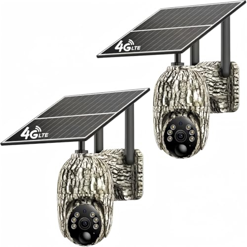 NUASI Fototrappola con SIM, 4G LTE Fotocamera da Caccia con Scheda SIM, 2K Video Telecamera Esterna con Pannello Solare, Visione Notturna a Colori, Rilevamento PIR, IP66 (2PCS)