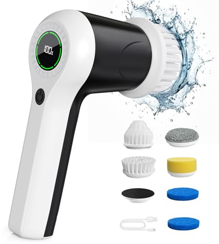 PUFTEM Electric Spin Scrubber, Cordless Shower Scrubber with Battery Level Display, 2 Speeds Electric Scrubber for Cleaning with 6 Replaceable Heads, Cleaning Brush for Bathroom/Sink/Window