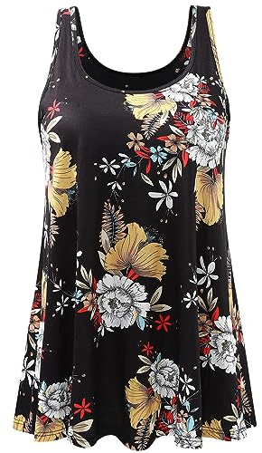 AMVELOP Tank Top for Women Built in Bra Casual Flowy Tank Pleated Sleeveless Top Loose Fit BlackFlower XL