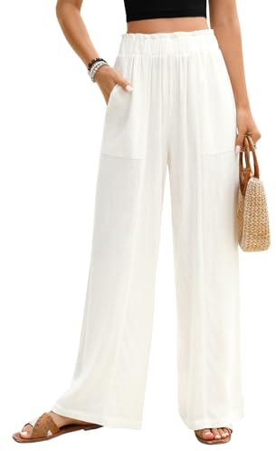 PASUDA Pantalon Femme Été Fluide Pantalons Lin Taille Haute Elastique Pantacourt Jambe Large Ample Léger Pantalon Décontractée Longueur Pants Chic et Elegant avec Poches (Blanc, XL)