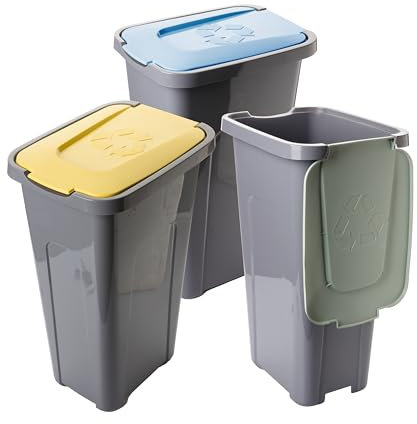 SUSTANIA Mülleimer Küche 3er Set 30L, Abfalleimer mit Deckel für Mülltrennung, Müllsystem 36x28x56 cm,Abfallsammler & Mülltrennsystem für die Küche, Made in EU