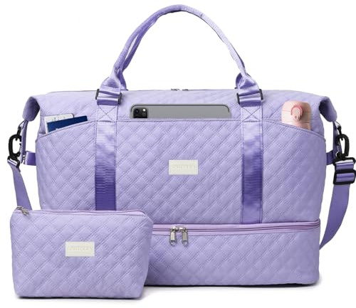 Outplea Reisetasche Handgepäck Damen mit Schuhfach & Nassfach, Reiseduffel Weekender Cabin Bag mit Waschtasche, Kliniktasche Geburt, Lila