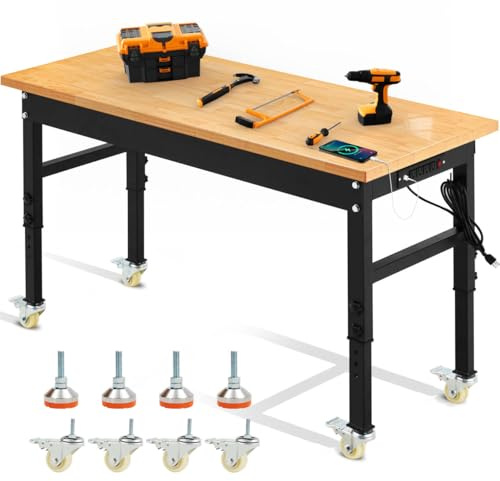 60'' Adjustable Workbench, 2000 LBS Load Capacity Heavy Duty Workstation with Power Outlets, Rubber Wood Top Worktable for Garage, Office,Workshop, Commercial