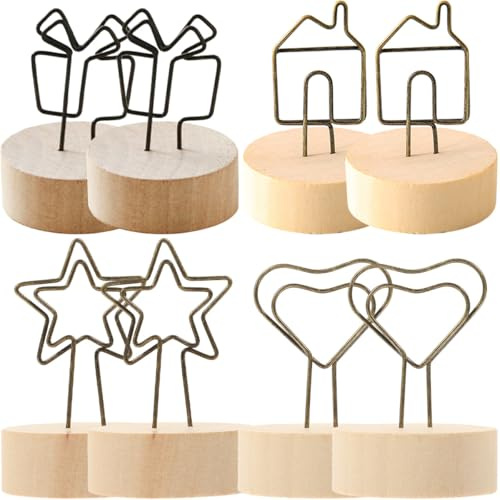 CIYODO Lot de 8 Porte-Photos en Bois Pinces Métal Formes Étoiles Maisons Présents et Cœurs Supports pour Notes et Numéros de Table Décoration Rustique pour Mariage Bureau et Maison