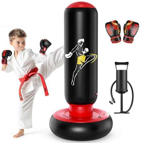 QPAU Aufblasbarer Boxsack für Kinder mit Boxhandschuhen, 168 cm Stabiler Großer Boxsack Set, Geschenk für Jungen & Mädchen 6–12 Jahre, Ideal für Karate, Taekwondo, MMA Training (Schwarz)