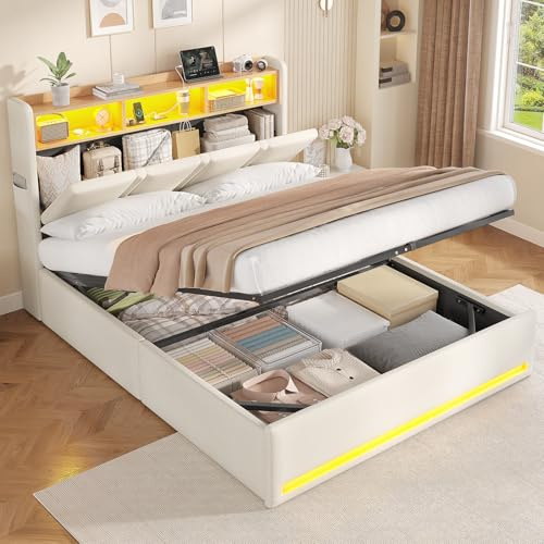 AOGLLATI Canapé 140x200 con Iluminación LED Regulable, Camas Matrimoniales con Cabecero Tapizado y Estación de Recarga, Cama Casal con Espacio de Almacenamiento Debajo, Ahorra Espacio, Beige