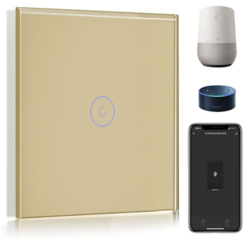 BSEED Smart ljusströmbrytare, kompatibel med Alexa och Google Home, 1 gäng 1-vägs WiFi-pekströmbrytare, 2-vägs eller flervägskontroll av SmartLife APP, guld Alexa-omkopplare med LED-indikator, ljusneutral kabel behövs