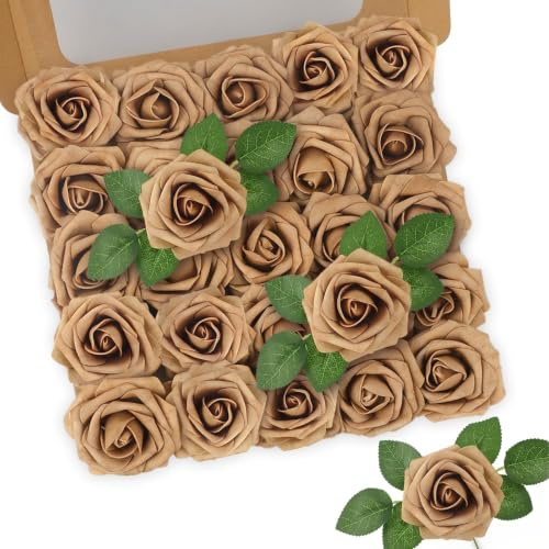 N&T NIETING Artificial Flower Roses, 25pcs Real Touch Fake Roses with Stems | Foam Roses for DIY Wedding Bridal Bouquets Centerpieces, Baby Shower Party, Home Decoration, Dusty Light Brown