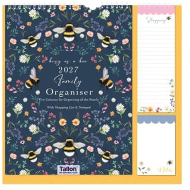 2027 Family Organiser Month to View Calendar, Hanging Memo Pad with Shopping List, Notepad, Five Columns for Organising Family Planner - DAISY & BEES (Design No. 4)