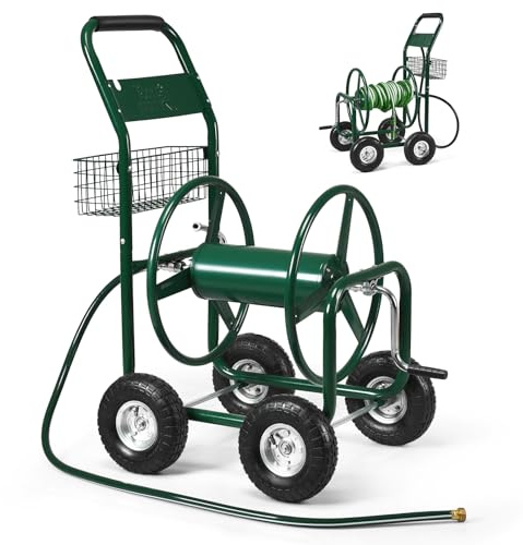 RELAX4LIFE Carrello Avvolgitubo da Giardino, Carrello di Irrigazione Mobile con Ruote ø26cm in Gomma e Cestino Portaoggetti, 95 x 62 x 113 cm