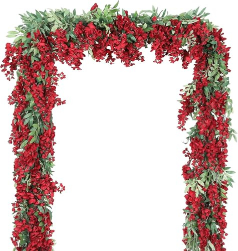 Duovlo 4Pcs 6.6Ft/Piece Imitation Silk Wisteria Garland Hanging Flower Vine for Home Outdoor Garden Ceremony Wedding Arch Floral Decor (Red)