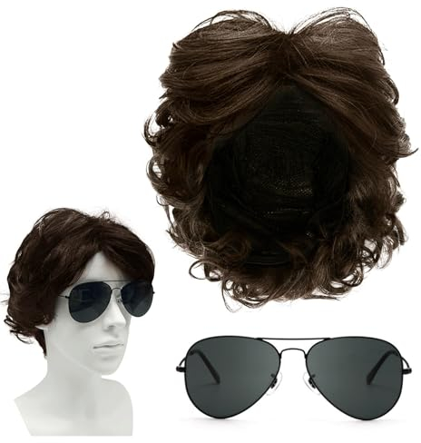 SKHAOVS 2 Stück Herren Perücken mit Sonnenbrille 70er 80er Disco Lockige Flauschige Hübsche Punkrock Halloween Karneval Perücke für Erwachsene (Braun-2)