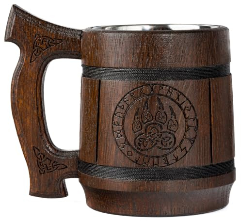 TESLYAR Jarra de Madera 0.6L - Regalo Original para Hombre - Diseño Vikingo con Lobo - Cerveza de Navidad
