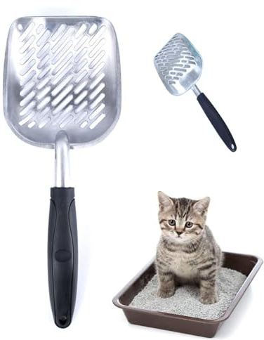 Pala para Arenero De Gatos, Duradero Cuchara de Arena para Gatos, con El Mango Largo Gomoso Cómodo Agarre,Metal Recogedor De Arena para Gatos para El Gatito del Gato del Animal Doméstic