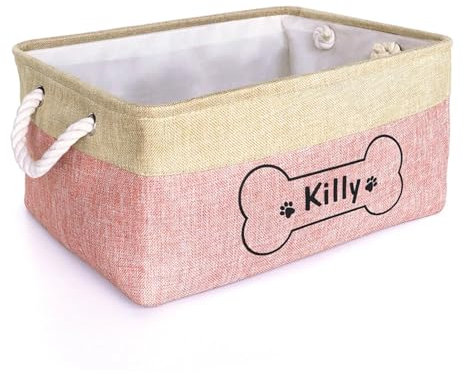 ZXH Personlig hundleksak förvaringskorg linne kanvas husdjur leksakslåda vikbar hund katt anpassat namn leksaker behållare hundtillbehör husdjurstillbehör personliga hundgåvor (30 x 20 x 12 cm,