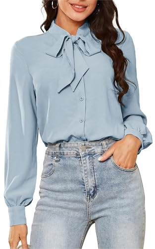 Kate Kasin - Body Elegante con Cuello En V para Mujer Blusa Blanca con Pajarita Top De Negocios Azul 2XL