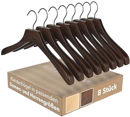 SUITS VIENNA® Kleiderbügel Garderobe | 8 Stück | Stabile Garderobenbügel aus Holz für schwere Jacken und Mäntel | Holz Kleiderbügel Breite Schulterauflage (Dark Walnut - 43 cm)