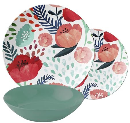 Service d'Assiettes de 18 Pièces en Porcelaine, Servi de Table Colorée pour 6 Personnes, Assiette Creuse, Assiette, à Fruits ou Sucrés, Fantaisie Coquelicots