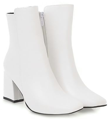 FQMAYPO Stivaletti Caldi da Donna Stivaletto con Tacco Basso A Blocco Grosso con Cerniera Stivaletto Chelsea A Punta Quadrata Autunno Inverno Stivali in Pelle di Vitello Medio,Bianca,38 EU