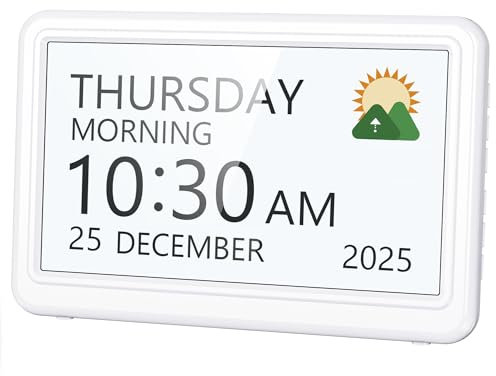 Roxicosly Demenz-Uhr mit Datumstag, 20 benutzerdefinierte Alarme, 20 Erinnerungen, 17,8 cm Digitaluhr mit Sonne-/Mond-Symbolen für ältere Menschen, 12 Themen, 9 Farben, 10 Dimmstufen, 18 Klingeltöne