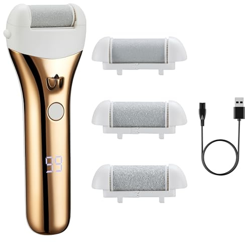 Barberboss Kit de pédicure électrique rechargeable pour callosités avec 3 rouleaux, double vitesse, chargement USB et écran LED, ensemble de pédicure pour talons fissurés et pieds lisses (doré)
