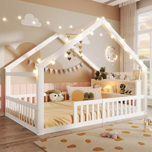 Huayz Letto per bambini a forma di casa 140x190cm, con listelli decorativi, letto Montessori a pavimento con protezione anticaduta e rete a doghe, letto in legno per bambini e bambine, senza materasso