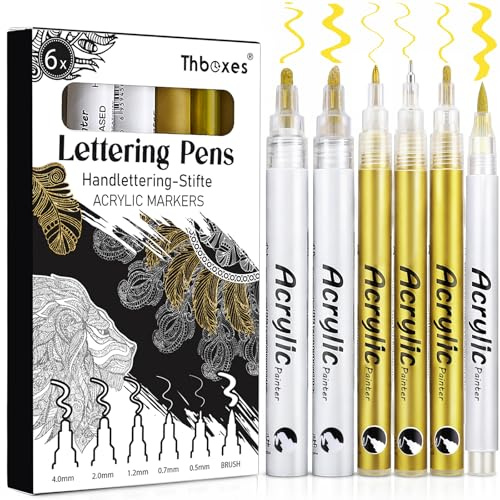 Thboxes 6 Pezzi Pennarelli Acrilici Dorati, Metallizzati Acrylic Marker Impermeabili Asciugatura Rapida Fineliner Brush Pen Marker Pennarelli per Carta Pietra Legno Vetro Metallo