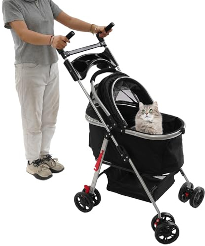Cochecito plegable para gatos, con cesta extraíble, 60 x 33 cm y capacidad de carga de 12 kg, moderno, multifunción, plegable, para mascotas (negro)