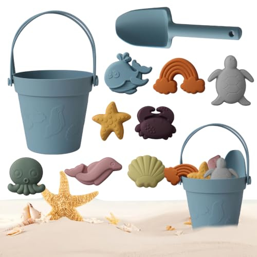 BrilliantDay Juguetes Playa Bebe, 10 Piezas Juguetes de Arena de Playa Silicona, Moldes de Arena Niños con Cubo, Juguete de Exterior Regalo para Niño Niña