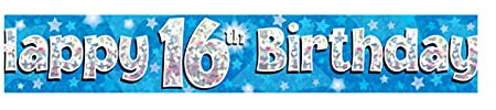 9ft Banner Happy 16th Birthday Blue Holographic