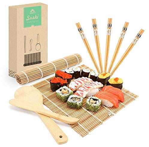 MUDEELA Sushi-Rollmatte aus Bambus, karbonisiertes Sushi-Set, 9-teilig, Sushi-Matte für Anfänger, inklusive 2 Rollmatten – 5 Paar Essstäbchen – Paddel – Streicher – Anleitung für Anfänger