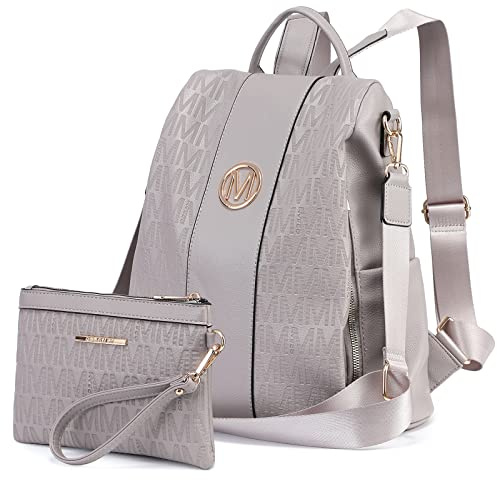 MKP Collection, modischer Damen-Rucksack mit mehreren Fächern, Diebstahlschutz, Reisetasche, Handtaschen-Set, 2 Teile, GRAU, Medium