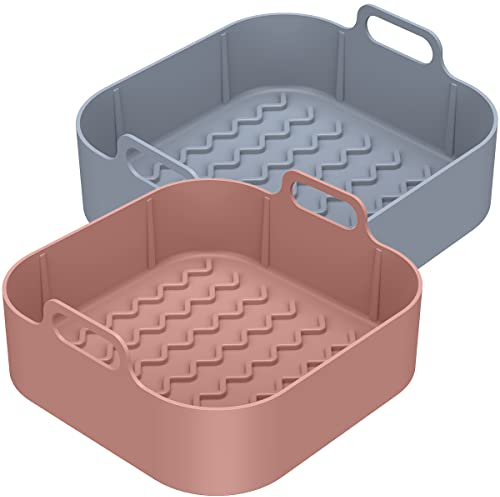 2Pcs Air Fryer Silicone Pot with Handle, Resuable Silicone Square Air Fryer Liners Replacement of Parchment Paper Liners Basket Pot for Air Fryer Oven Microwave, Heat Resistant, Non Stick (Wave)