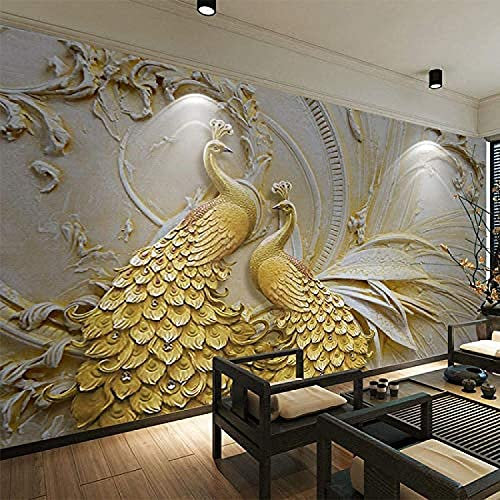 Mural Autoadhesivo Papel Pintado Foto 3D Animal De Pavo Real Dorado En Relieve Pósteres De Pared Artística Para Pared Pegatinas De Pared Para Sala De Estar Tv Sofá Hotel Temáti 140(ancho)x70(alto) cm