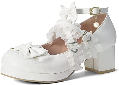 elerhythm Mary Jane - Zapatos de tacón grueso con plataforma para mujer, lindos vestidos de encaje con lazo kawaii, atados cruzados, puntera redonda, correa al tobillo, blanco 1, 40 EU