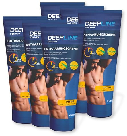 Deepline Men 6 x100ml Intim-Haarentfernungscreme die all in-one Creme mit Aloe Vera und Sheabutter. Vegan für den Intimbereich und Körper mit Spatel. (600ml)
