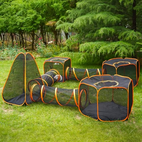 DiDiBirDi Enclos pliable pour chat – Parc d'extérieur portable pour chat avec tente en maille et trois tunnels (7 en 1)
